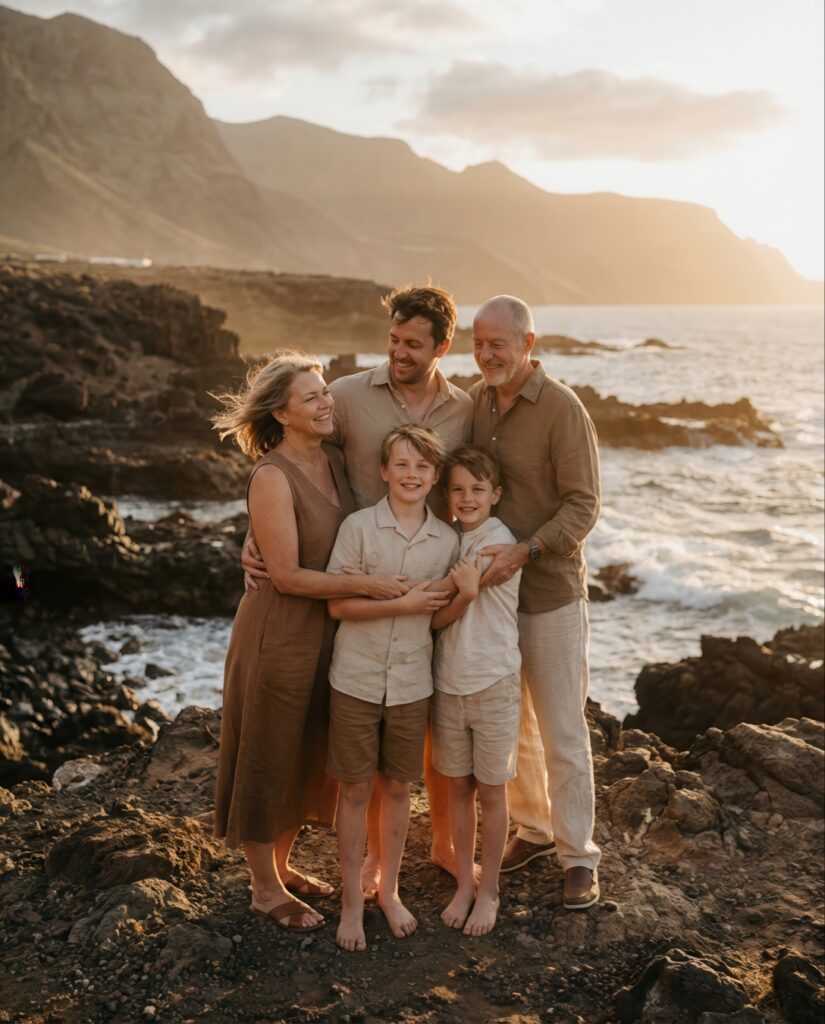 Family portrait photography on the coast of Tenerife South during sunset