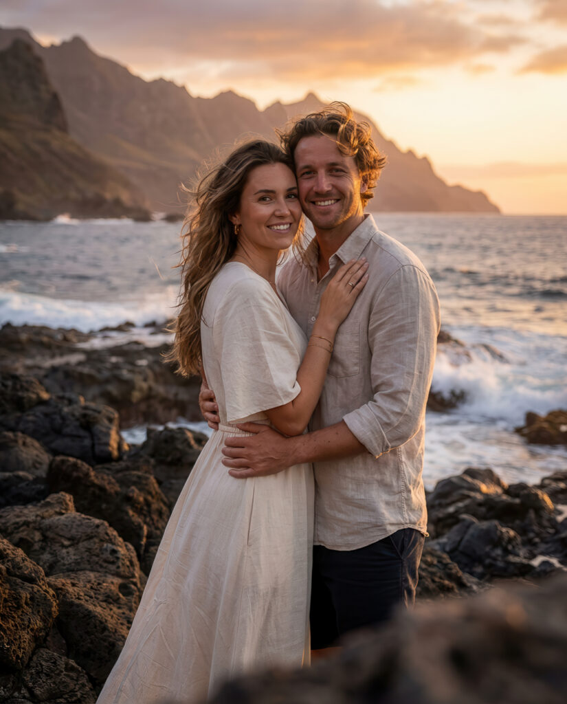 Couple portrait photography on a rocky beach in Tenerife South at golden hour